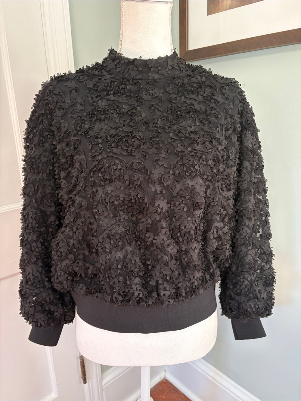 Zara Black Textured Floral Appliqué Pullover Shirt Blouse Size Small